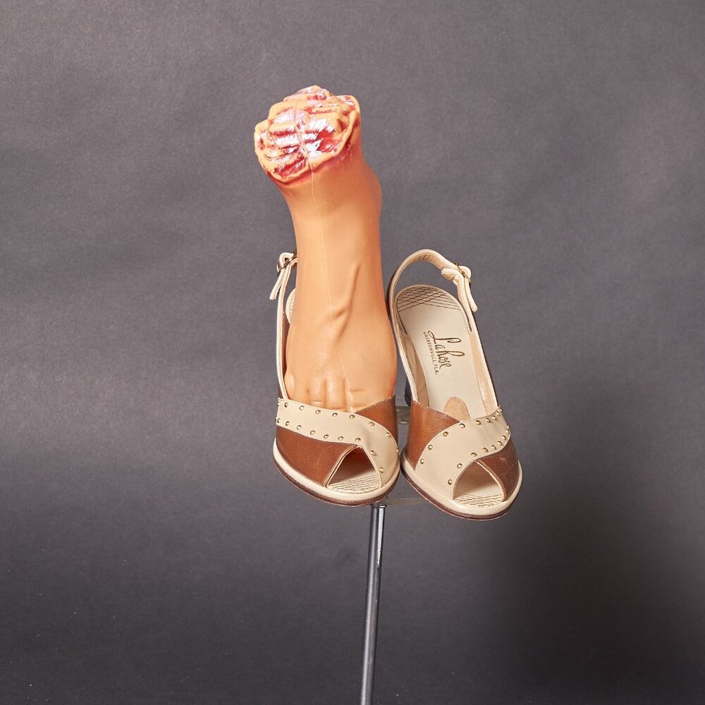 1950s Brown and Beige Studded Peep Toe Wedges Heels